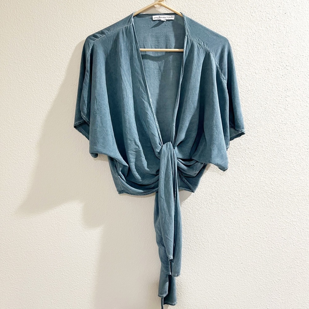Young Fabulous & Broke Tie Front Top Blue Medium Womens Boho Draped Cropped